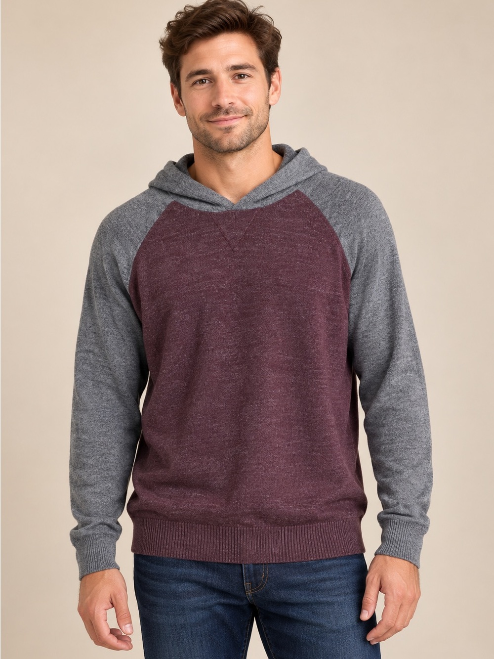 GAP Colorblock Cotton Hoodie Sweater - Burgundy Grey Size Large - Fall Menswea